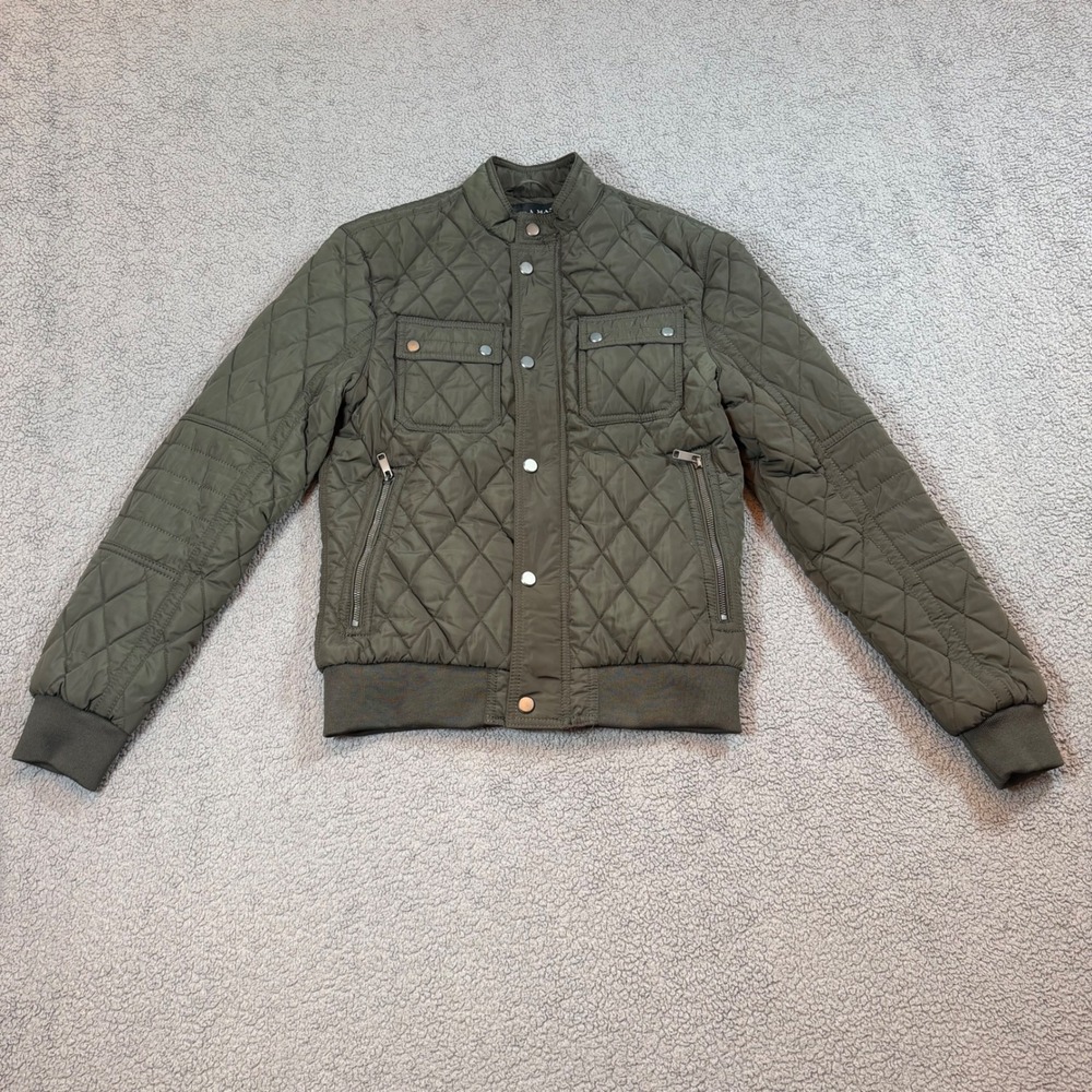Zara Man Olive Green Quilted Bomber Jacket Full Zip Snap Pockets Mens Small